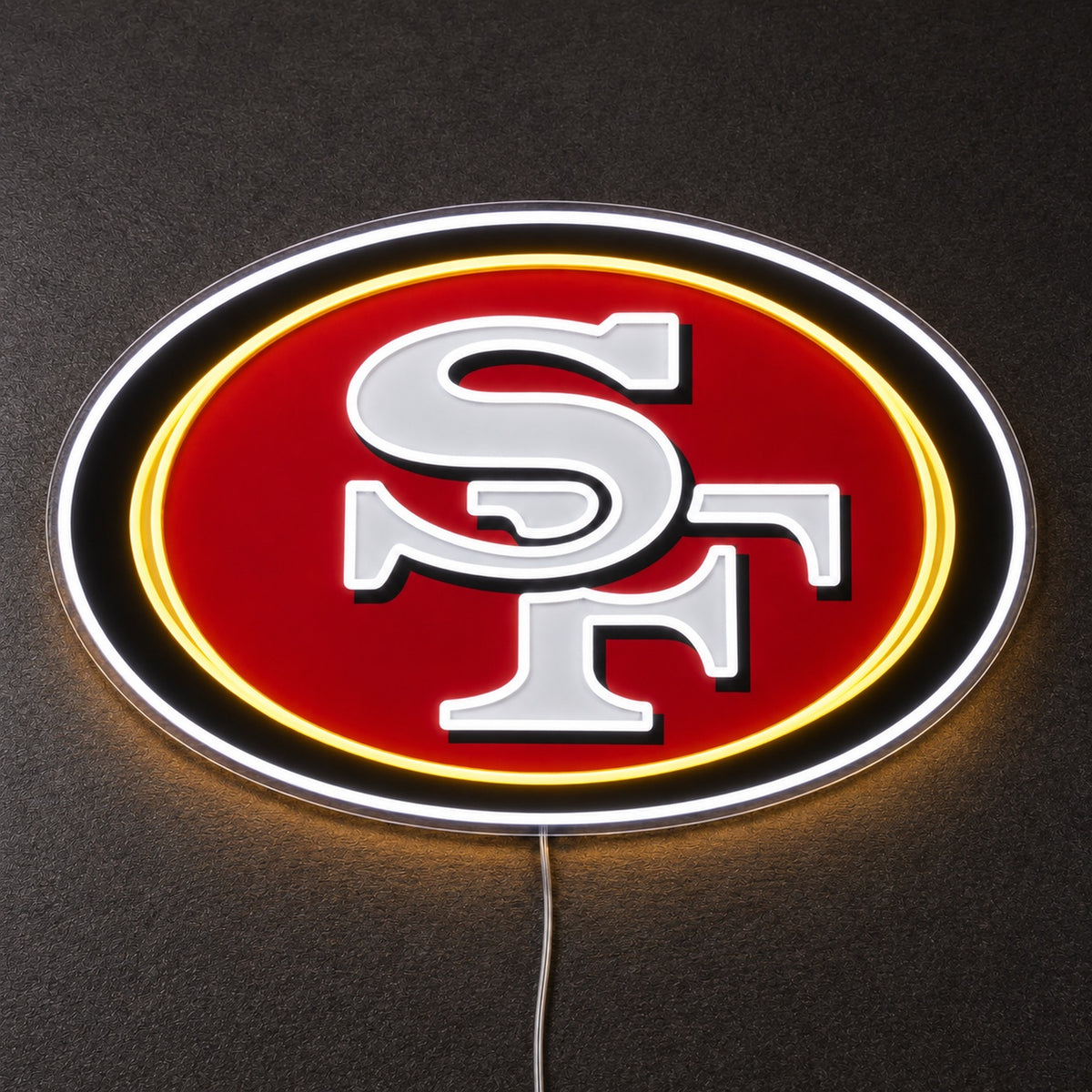 San Francisco 49ers LED Neon Sign, featuring illuminated team logo on a dark background in dim lighting.