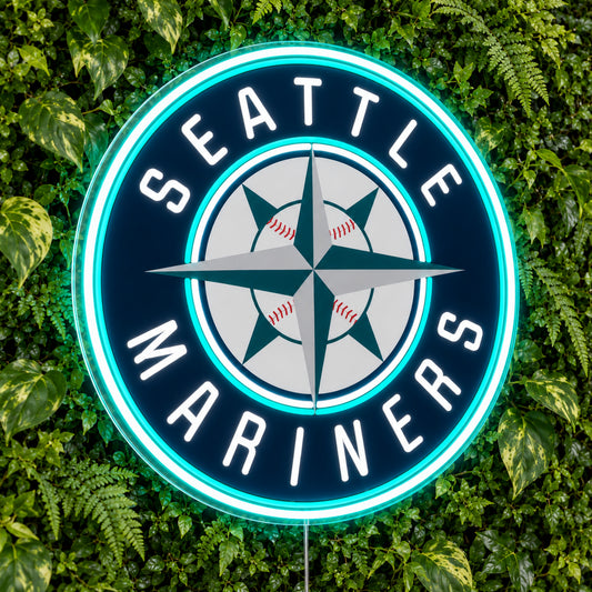 Seattle Mariners LED Neon Sign, featuring illuminated team logo on a green foliage wall.