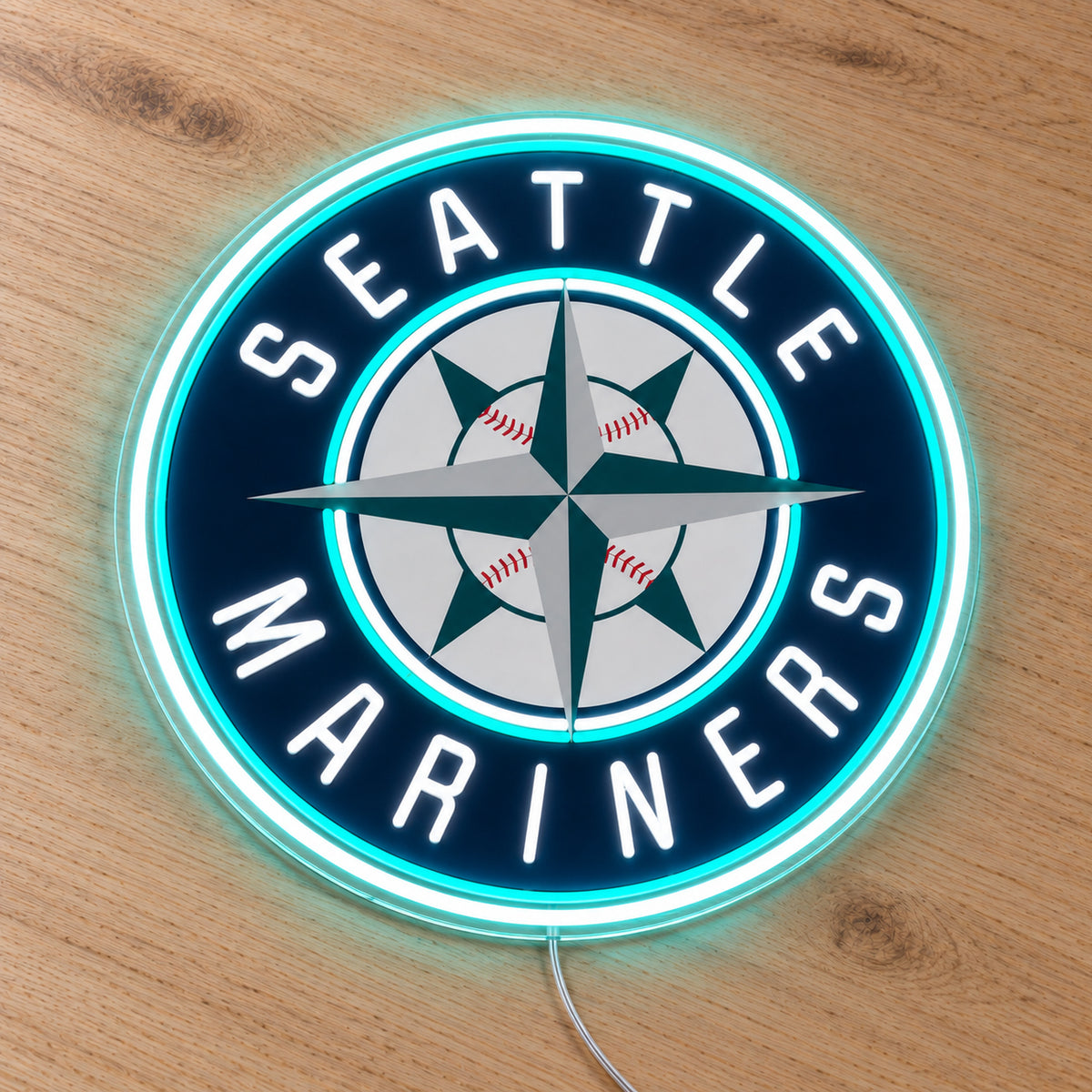 Seattle Mariners LED Neon Sign, featuring illuminated team logo on a wooden surface.