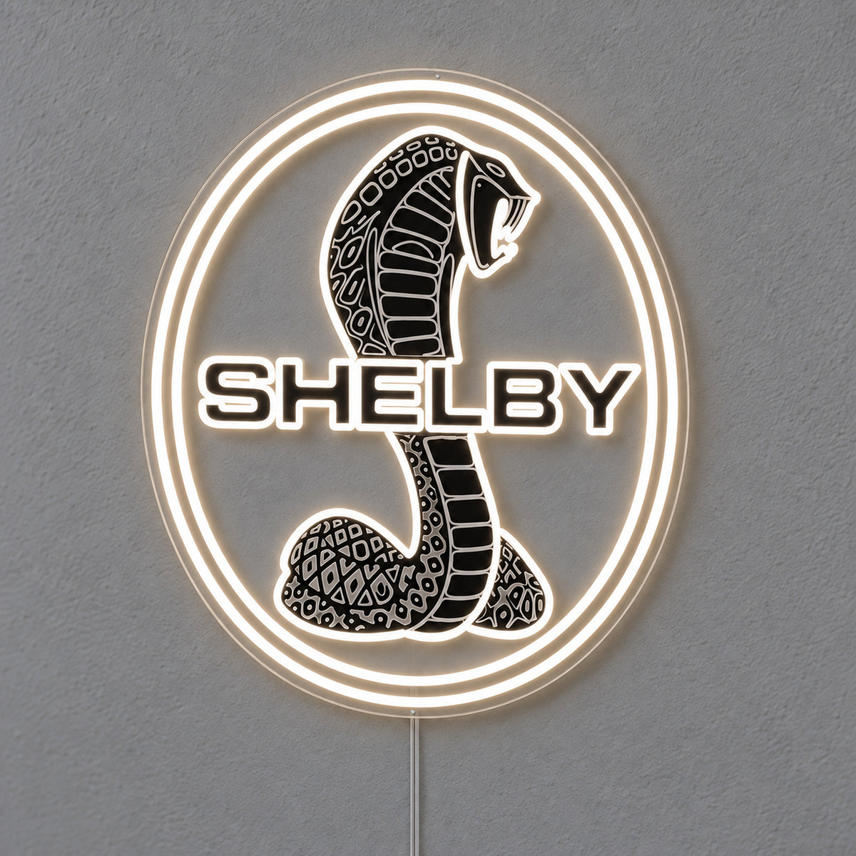 Shelby Cobra LED Neon Sign, featuring illuminated vehicle logo on a light background.