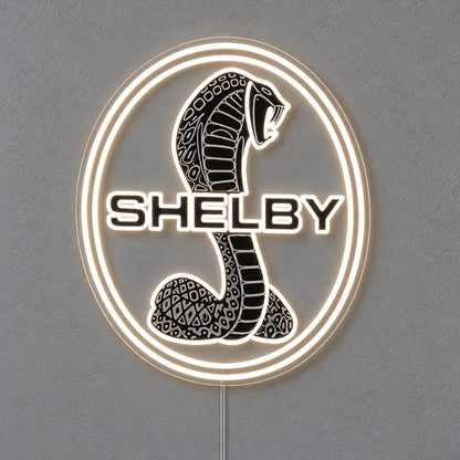 Shelby Cobra LED Neon Sign, featuring illuminated vehicle logo on a light background.