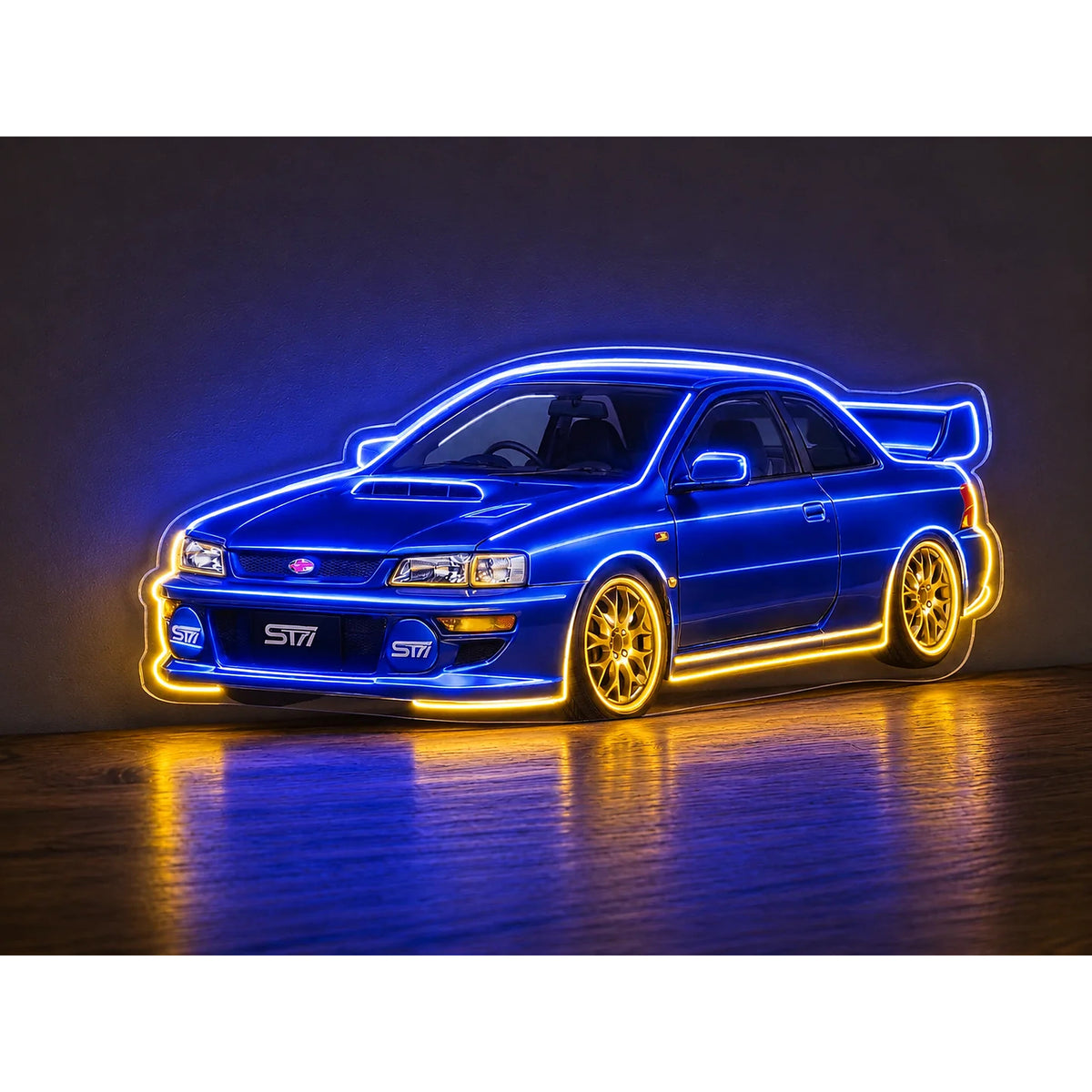 Subaru WRX LED Neon Sign in blue and yellow, featuring Subaru WRX car design with yellow wheels on a dark reflective surface.
