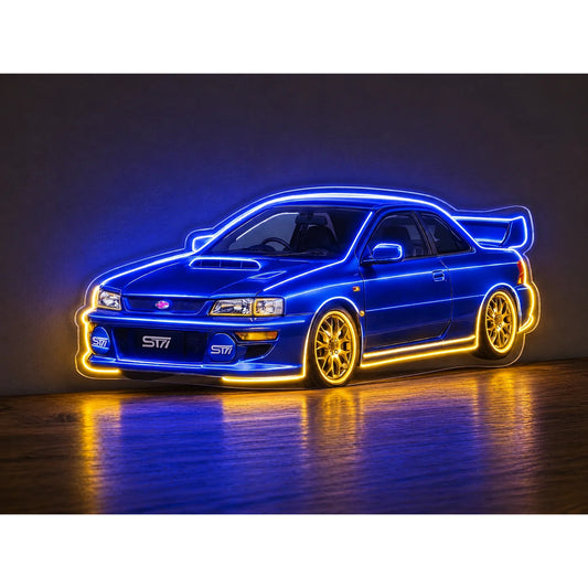 Subaru WRX LED Neon Sign in blue and yellow, featuring Subaru WRX car design with yellow wheels on a dark reflective surface.