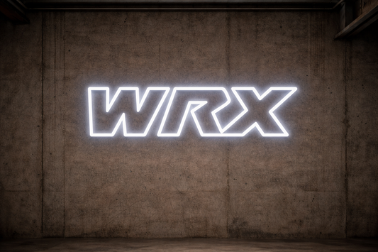 Subaru WRX white LED neon outline sign mounted on concrete garage wall