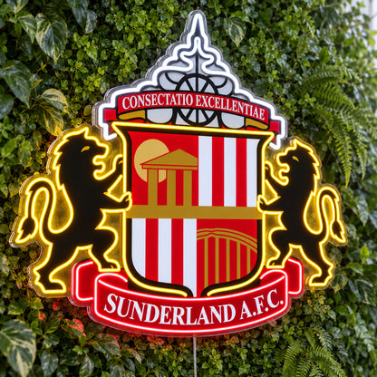 Sunderland LED Neon Sign, featuring team logo displayed on a green foliage wall.