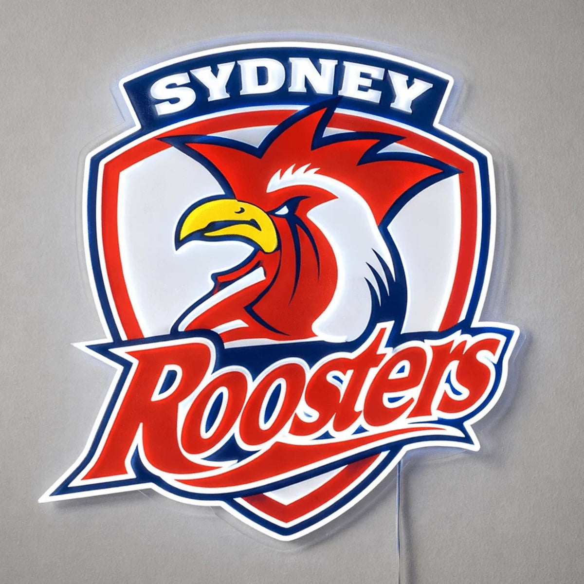 Sydney Roosters Neon Sign, featuring illuminated team logo on a light background.