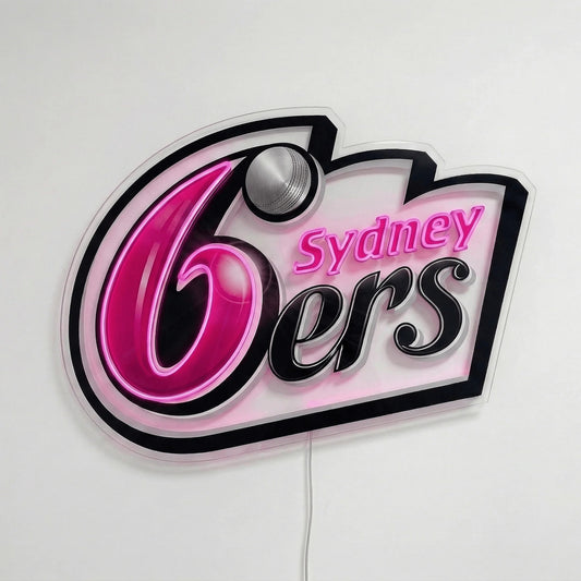 Sydney Sixers Neon Sign, featuring illuminated team logo on a light background.