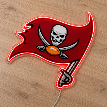 Tampa Bay Buccaneers LED Neon Sign, featuring illuminated team logo on a wooden surface.