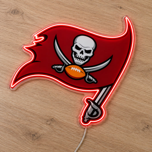 Tampa Bay Buccaneers LED Neon Sign, featuring illuminated team logo on a wooden surface.