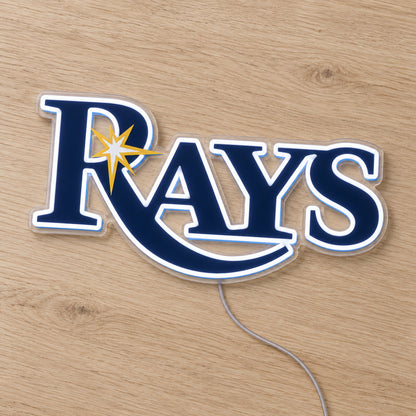 Tampa Bay Rays LED Neon Sign, featuring illuminated team logo on a wooden surface.