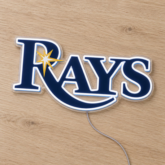 Tampa Bay Rays LED Neon Sign, featuring illuminated team logo on a wooden surface.