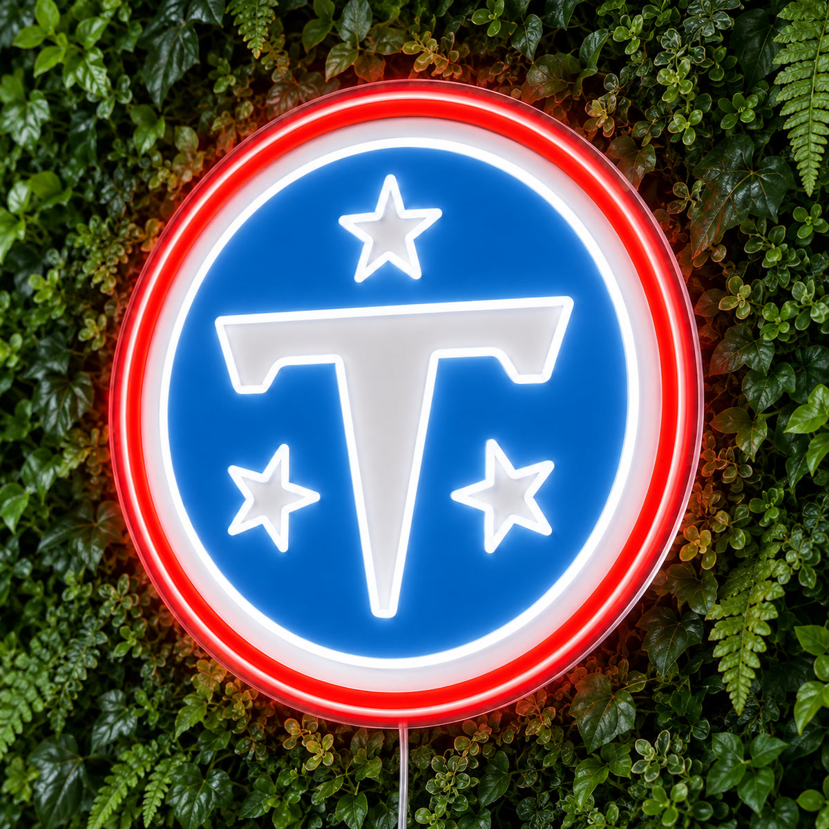Tennessee Titans LED Neon Sign, featuring team logo displayed on a green foliage wall.