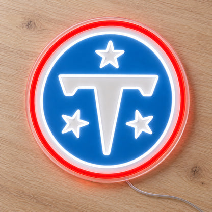 Tennessee Titans LED Neon Sign, featuring team logo displayed on a wooden surface.