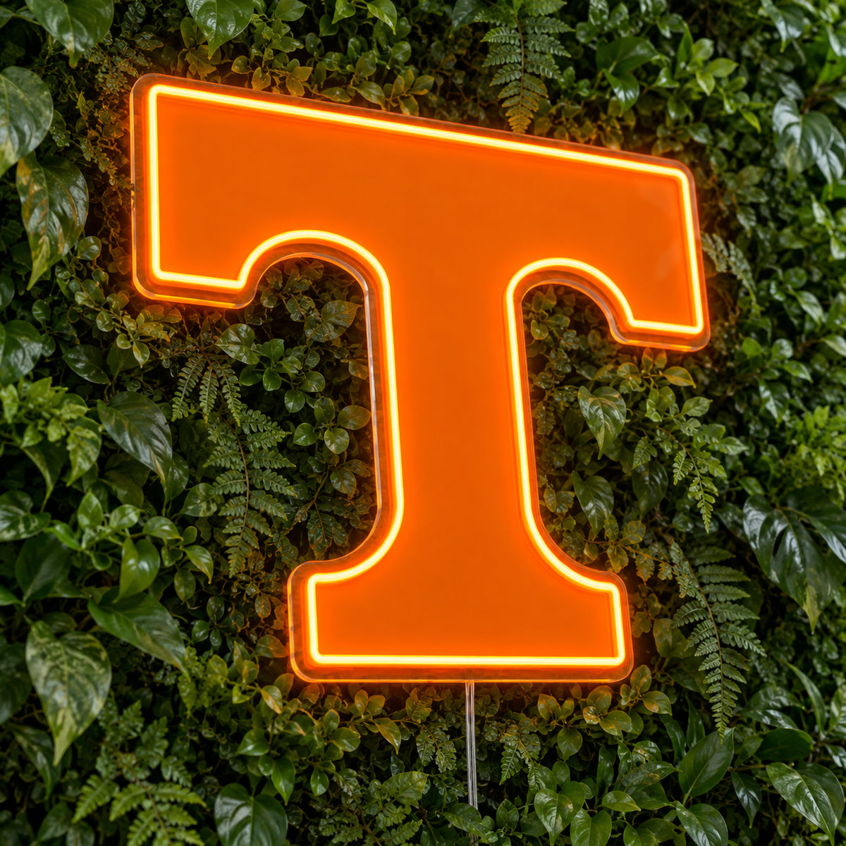 Tennessee Volunteers Power T LED Neon Sign, featuring team logo displayed on a green foliage wall.
