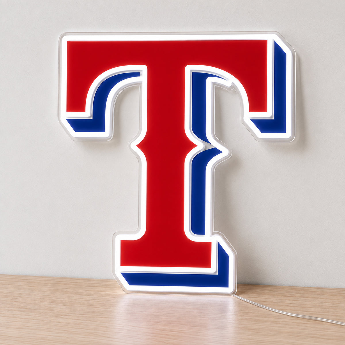 Texas Rangers LED Neon Sign, featuring team logo displayed on a light background.