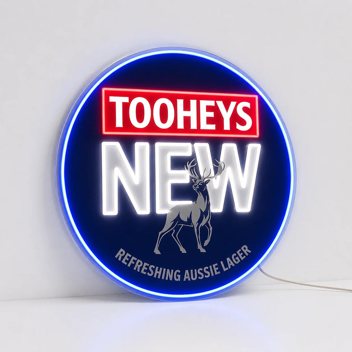 Tooheys New Neon Sign, featuring illuminated beer-brand logo on a light background.