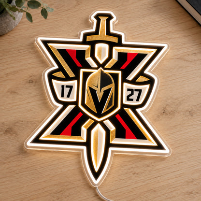 Vegas Golden Knights LED Neon Sign, featuring team logo displayed on a wooden surface.