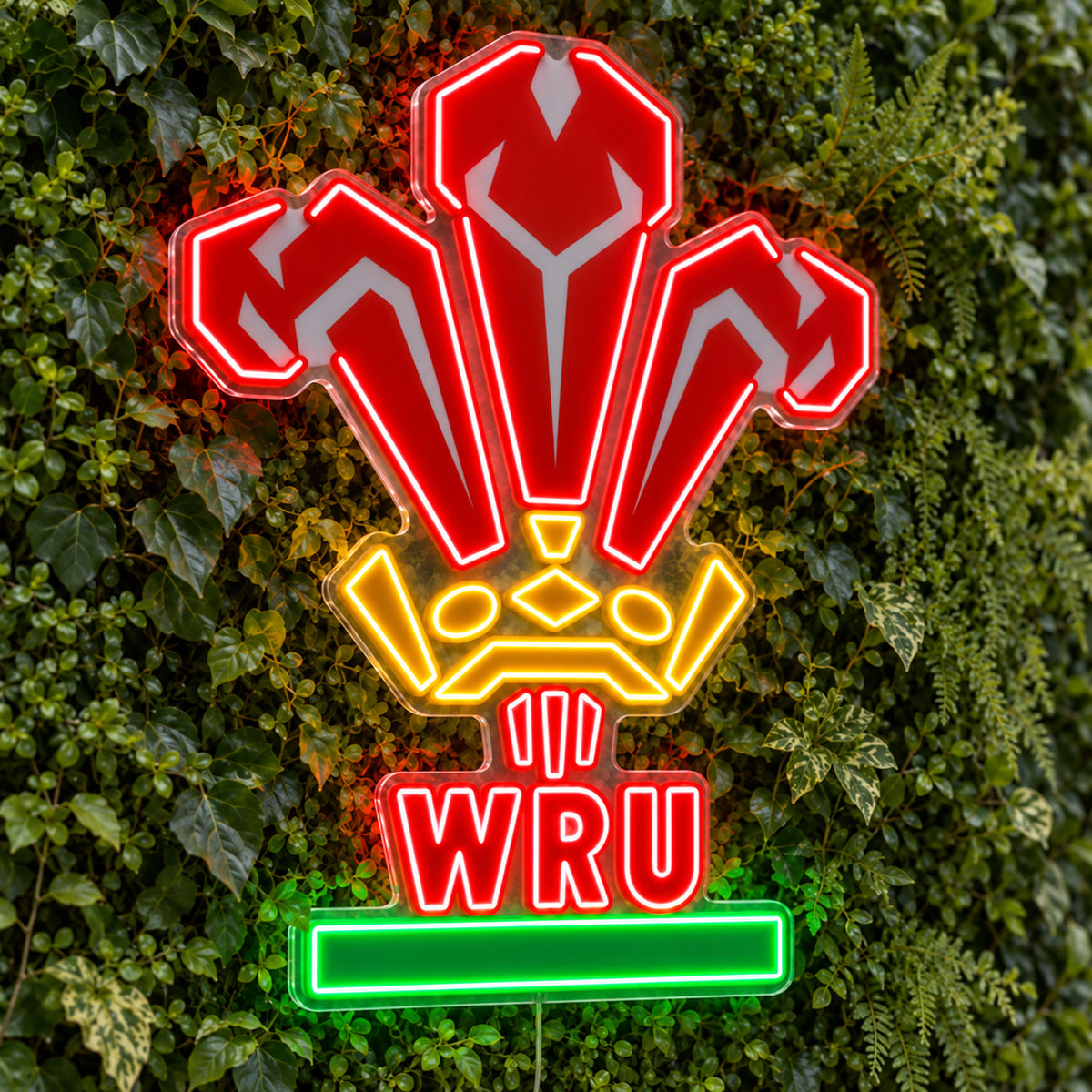 Wales Rugby LED Neon Sign, featuring team logo displayed on a green foliage wall.