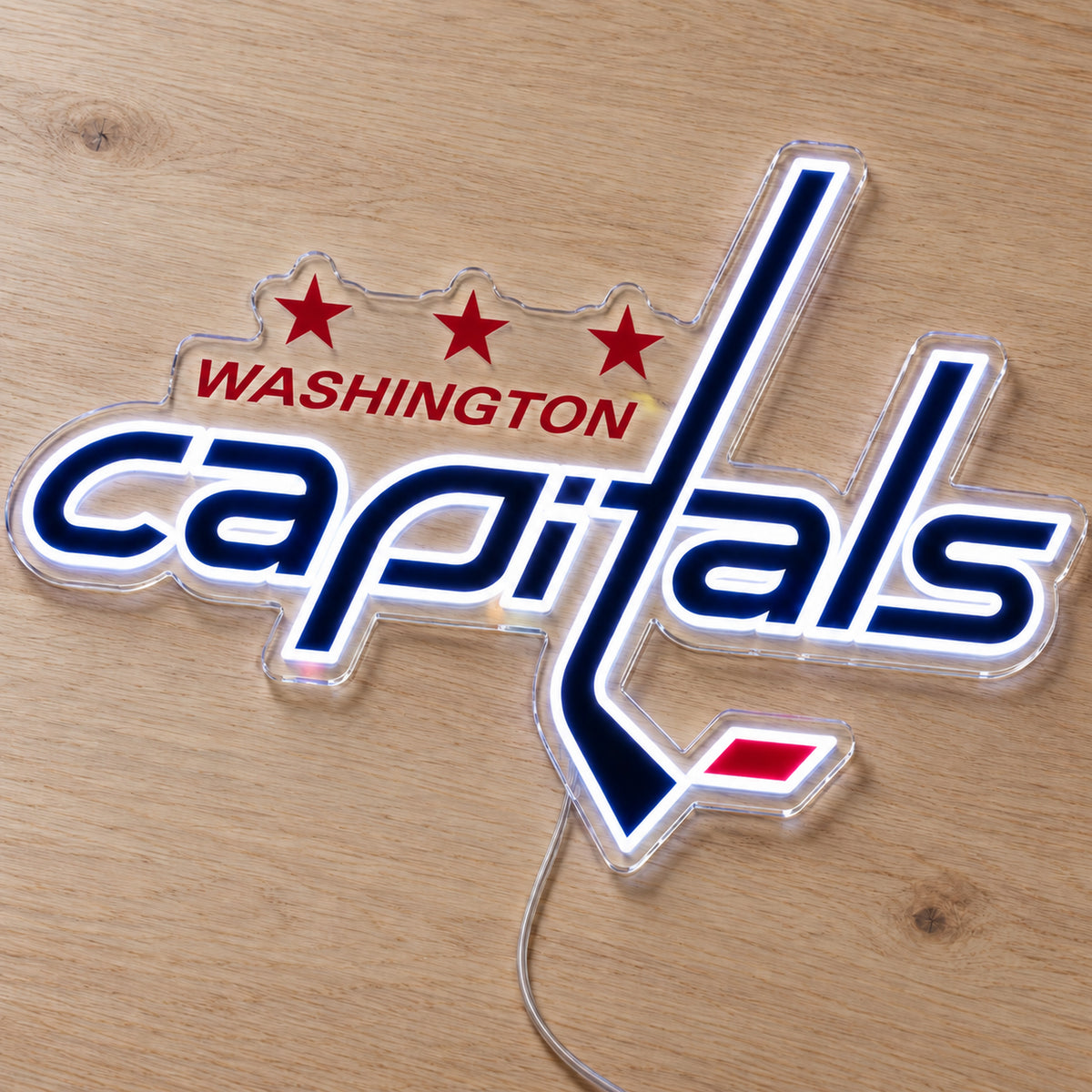 Washington Capitals LED Neon Sign, featuring team logo displayed on a wooden surface.