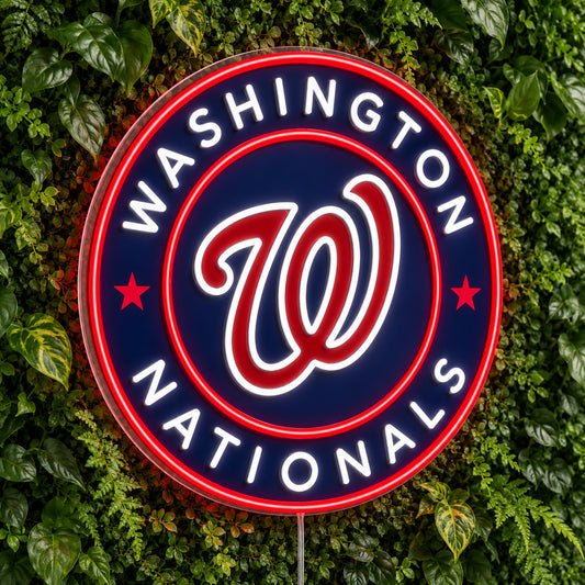 Washington Nationals LED Neon Sign, featuring illuminated team logo on a green foliage wall.