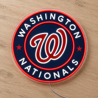 Washington Nationals LED Neon Sign, featuring illuminated team logo on a wooden surface.