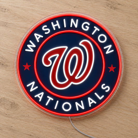 Washington Nationals LED Neon Sign, featuring illuminated team logo on a wooden surface.