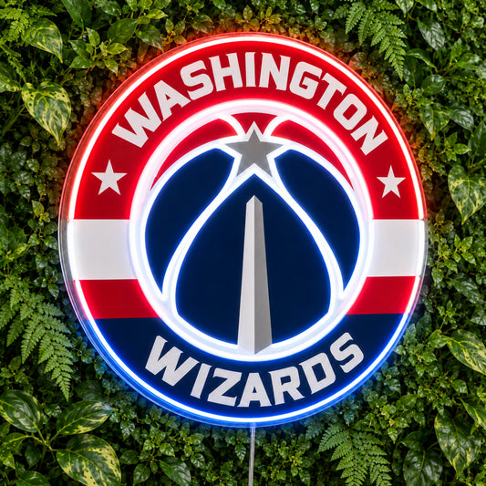 Washington Wizards LED Neon Sign, featuring illuminated team logo on a green foliage wall.