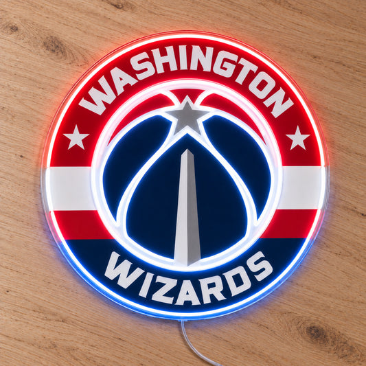 Washington Wizards LED Neon Sign, featuring illuminated team logo on a wooden surface.