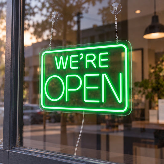 We Are Open LED Neon Sign in green, featuring We're Open lettering inside a rectangular border in a shop window.