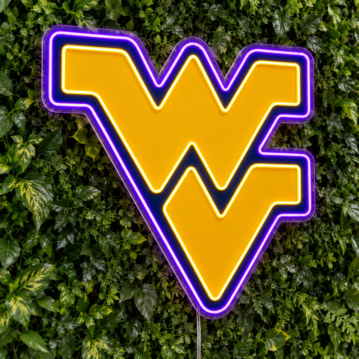 West Virginia Mountaineers LED Neon Sign, featuring team logo displayed on a green foliage wall.