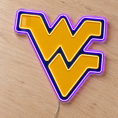 West Virginia Mountaineers LED Neon Sign, featuring team logo displayed on a wooden surface.