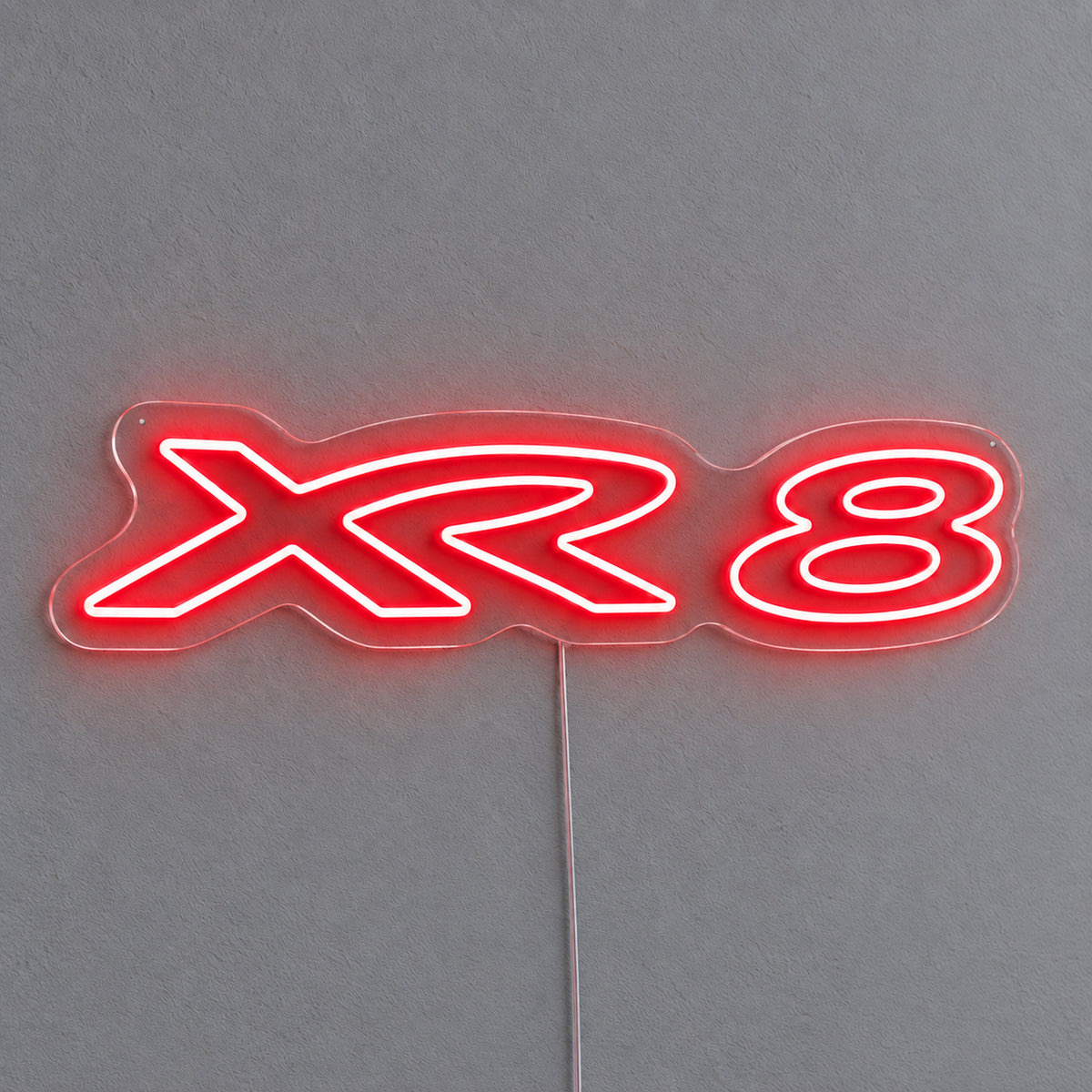 XR8 Ford Falcon LED Neon Sign in red, featuring XR8 lettering on a grey wall.