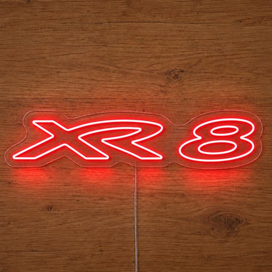 XR8 Ford Falcon LED Neon Sign in red, featuring XR8 lettering on a wooden surface.