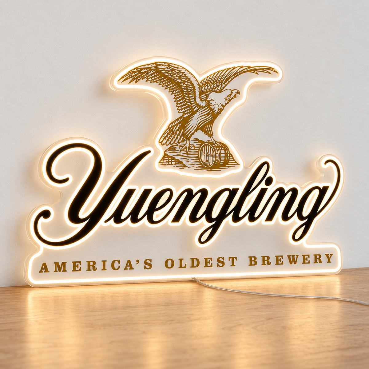 Yuengling LED Neon Sign, featuring illuminated beer-brand logo on a light background.