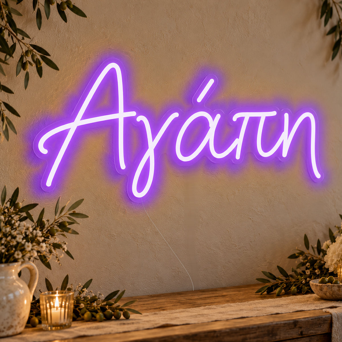 Agapi Greek Love Neon Sign in purple LED neon on clear acrylic, angled view