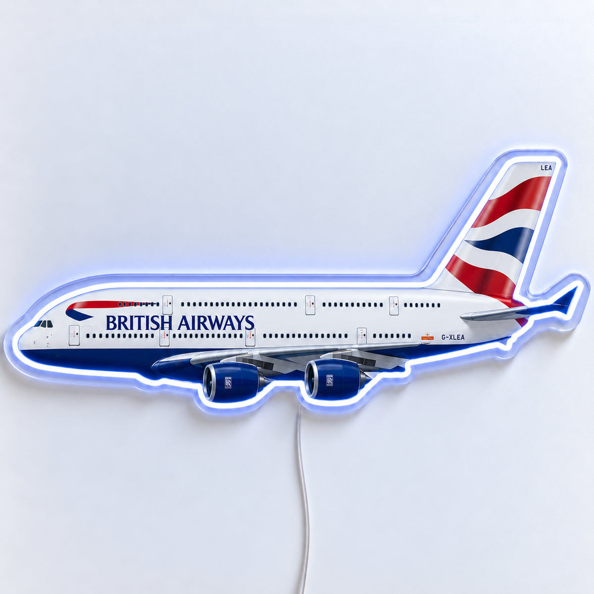 Airbus A380 British Airways Neon Sign with printed aircraft details and an illuminated LED outline on clear acrylic, shown from the front on a white surface, registration G-XLEA