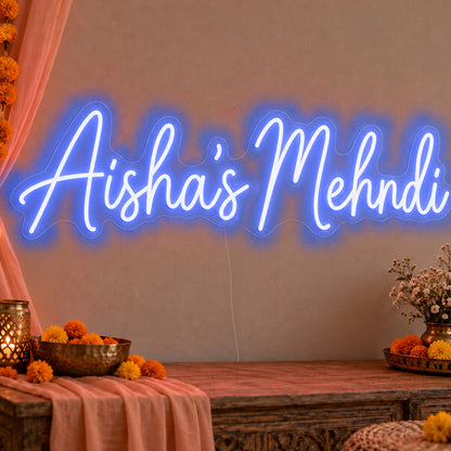 Personalised Mehndi Neon Sign in blue LED neon on clear acrylic, angled view