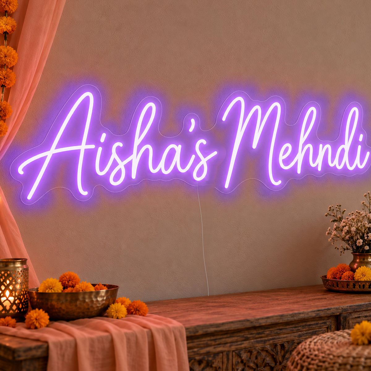 Personalised Mehndi Neon Sign in purple LED neon on clear acrylic, angled view