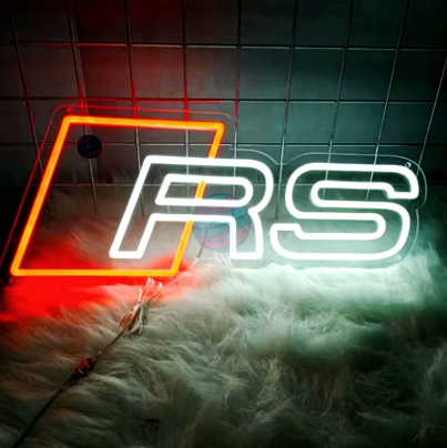 Audi RS inspired LED neon sign in red and white on clear acrylic backing for garage wall – Neon Lanes Australia
