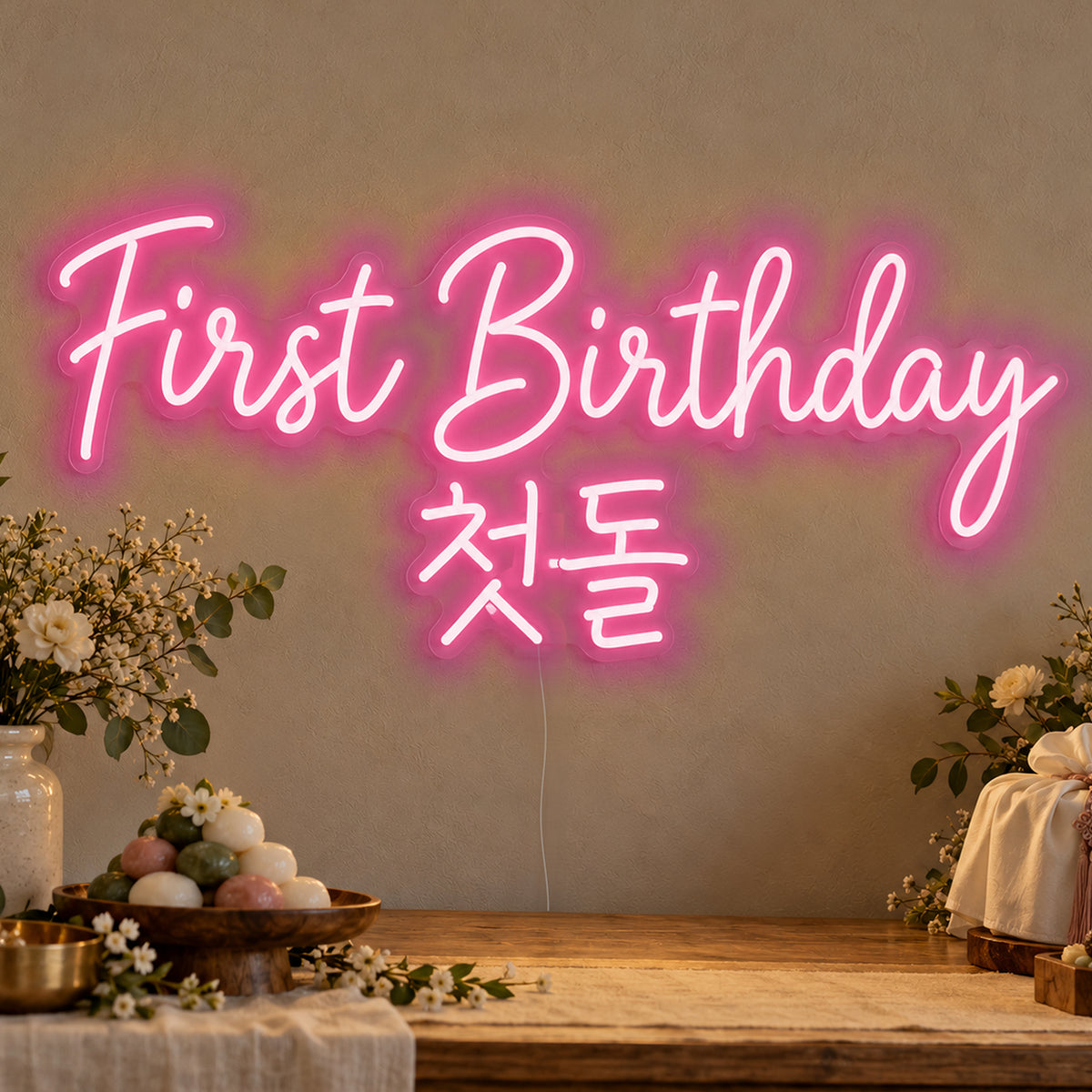 First Birthday English & Korean Neon Sign in rose red LED neon on clear acrylic, angled view