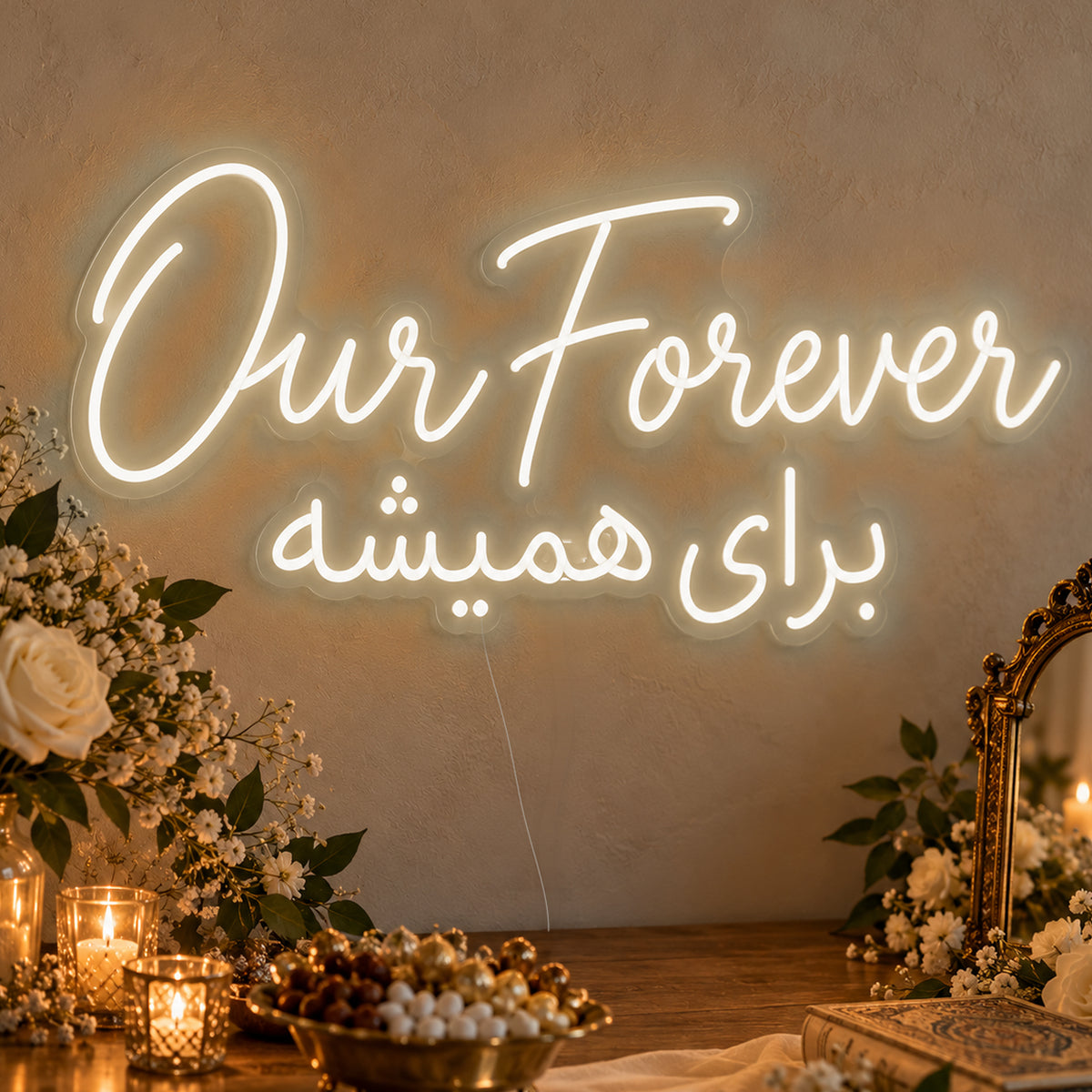 Our Forever English & Persian Neon Sign in warm white LED neon on clear acrylic, angled view