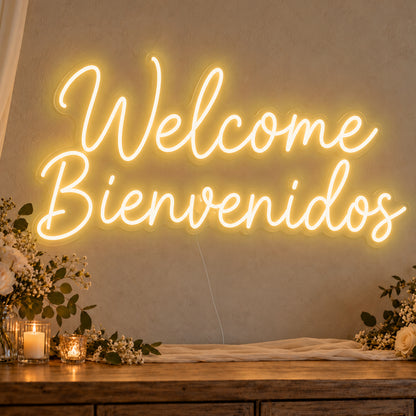 Welcome English & Spanish Neon Sign in gold LED neon on clear acrylic, angled view