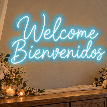 Welcome English & Spanish Neon Sign in ice blue LED neon on clear acrylic, angled view