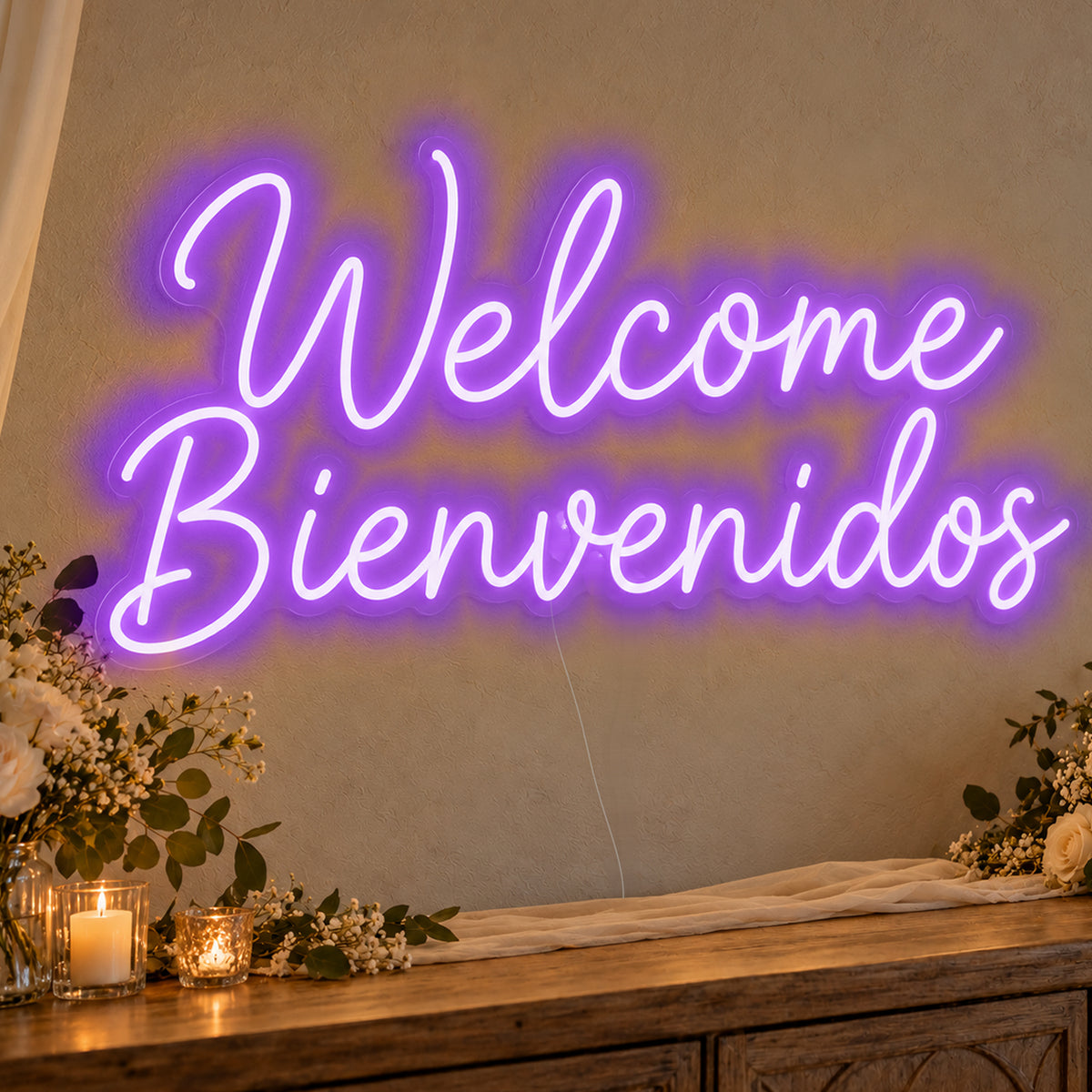 Welcome English & Spanish Neon Sign in purple LED neon on clear acrylic, angled view