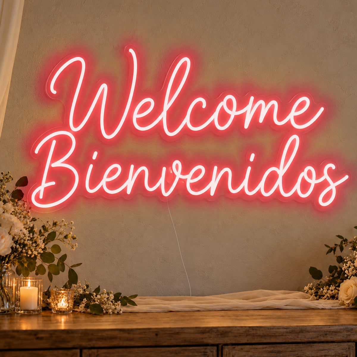 Welcome English & Spanish Neon Sign in red LED neon on clear acrylic, angled view