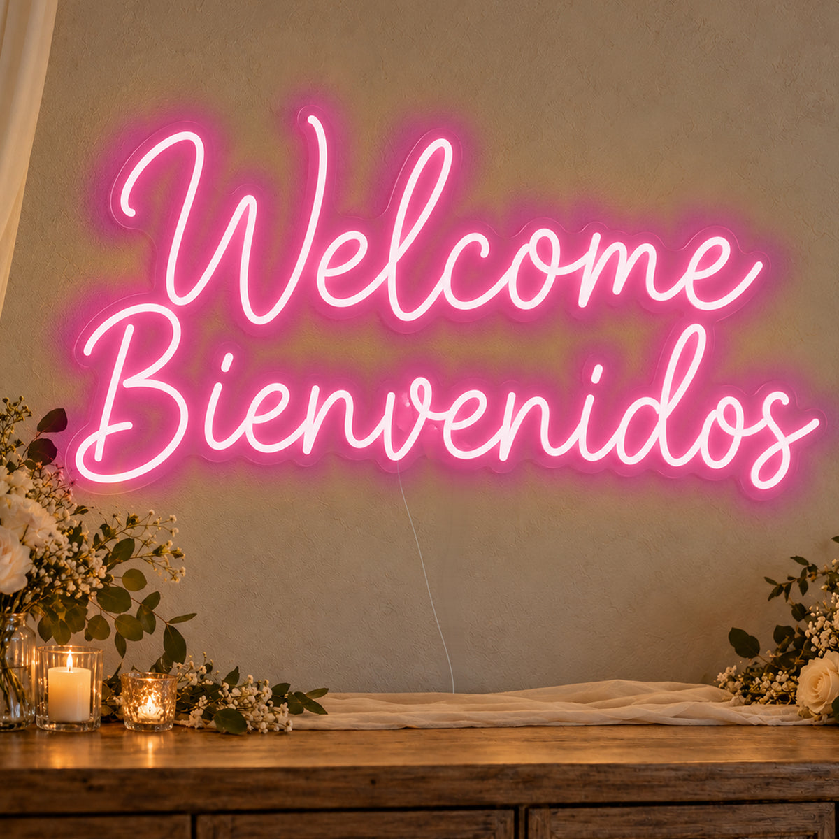 Welcome English & Spanish Neon Sign in rose red LED neon on clear acrylic, angled view