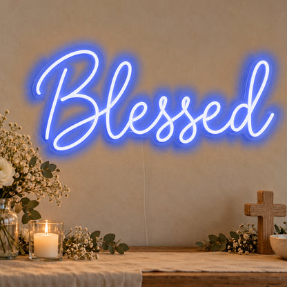 Blessed Neon Sign in blue LED neon on clear acrylic, angled view
