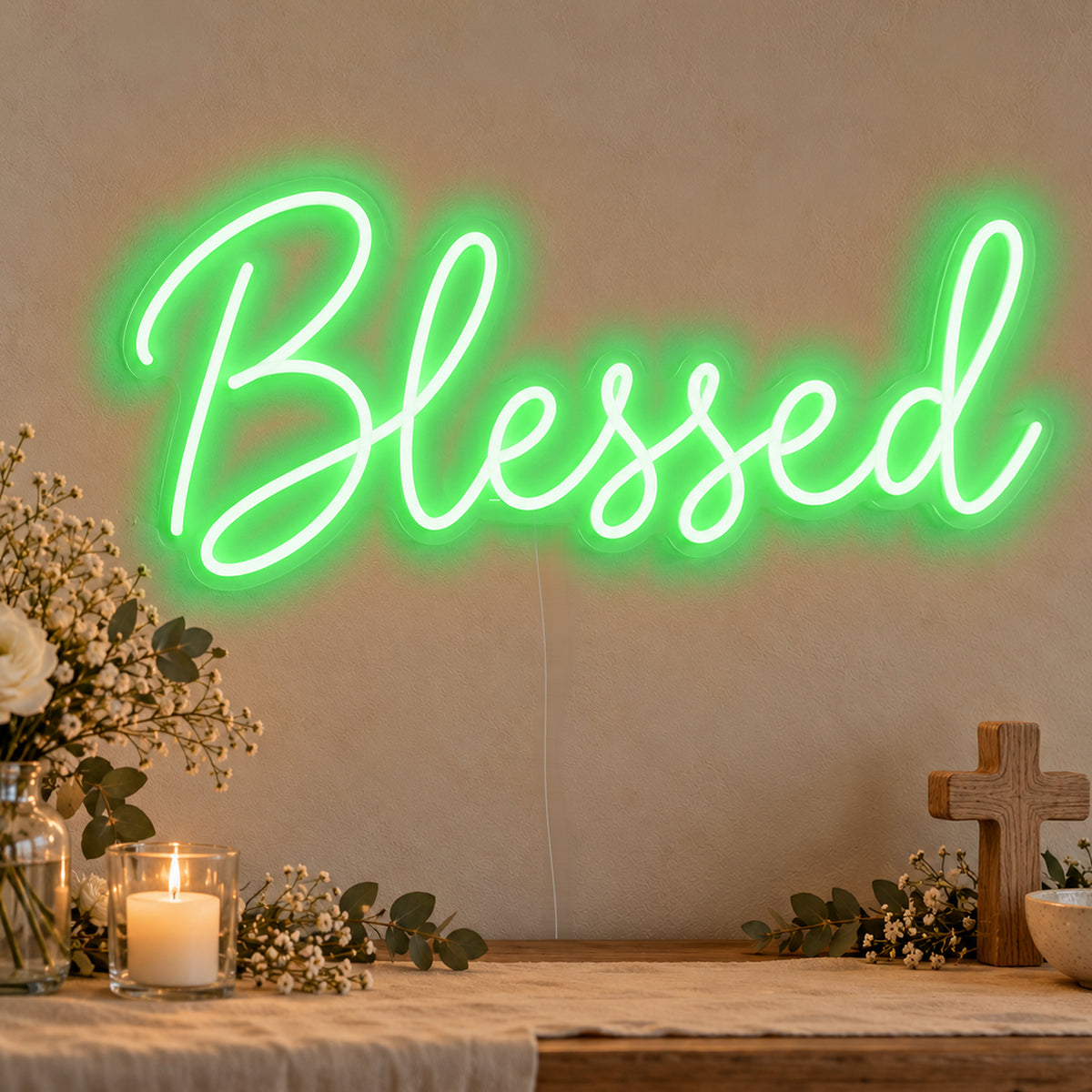 Blessed Neon Sign in green LED neon on clear acrylic, angled view