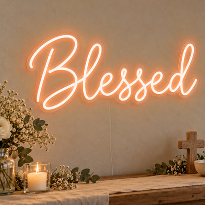 Blessed Neon Sign in orange LED neon on clear acrylic, angled view