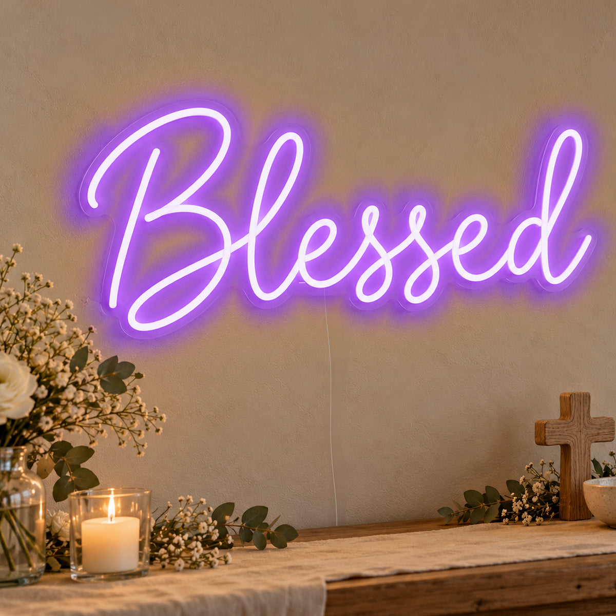 Blessed Neon Sign in purple LED neon on clear acrylic, angled view